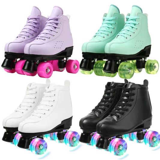 Women White PU Leather Roller Skates Skating Shoes Sliding Inline Quad Skates