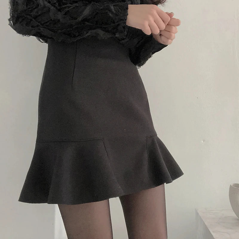 Women Spring Autumn Ruffles Slender A- line Mini Skirt