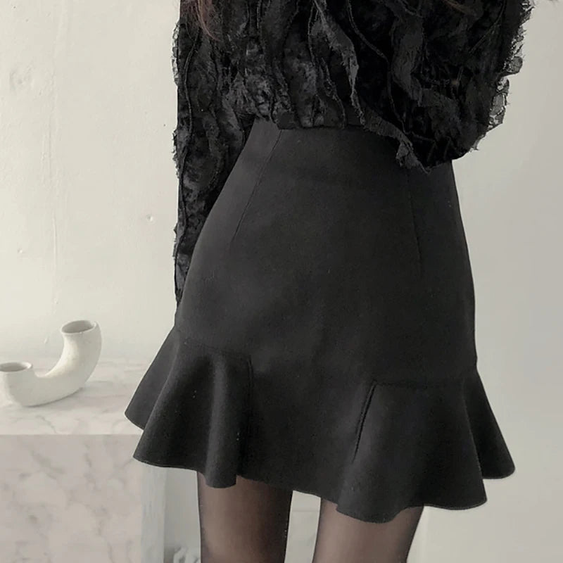 Women Spring Autumn Ruffles Slender A- line Mini Skirt