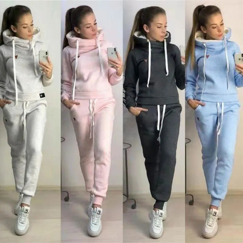 Autumn 2 Piece Tracksuit Women Sportswear Fleece Hoodies Pullover