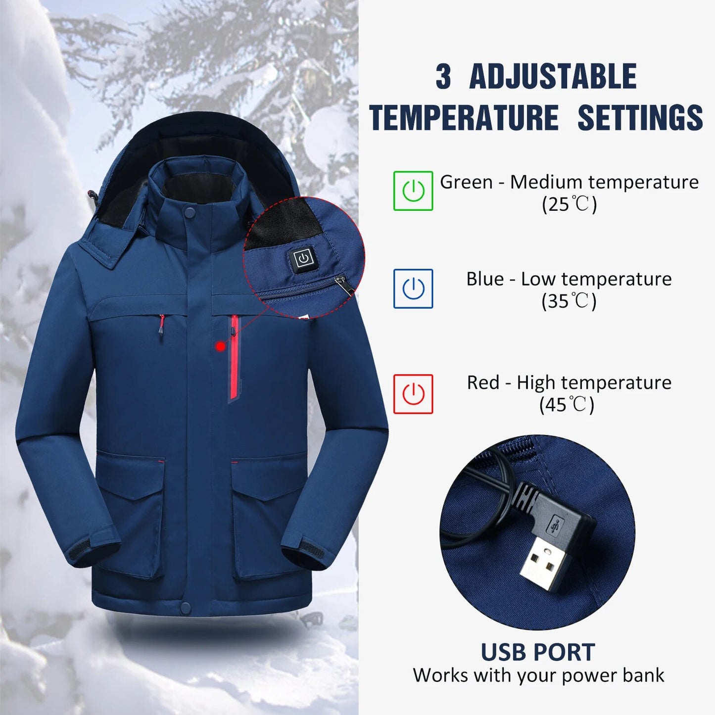 Men Heated Jacket Long Sleeves Hooded Jacket Winter