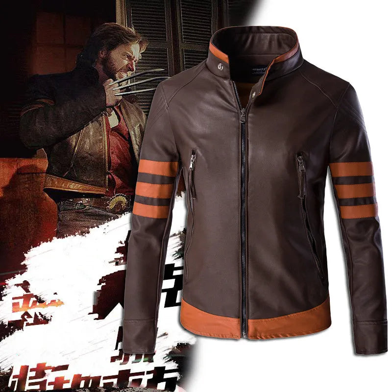 High-end brand men's zipper leather jacket Wolverine casual PU leather