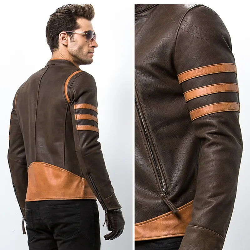 High-end brand men's zipper leather jacket Wolverine casual PU leather