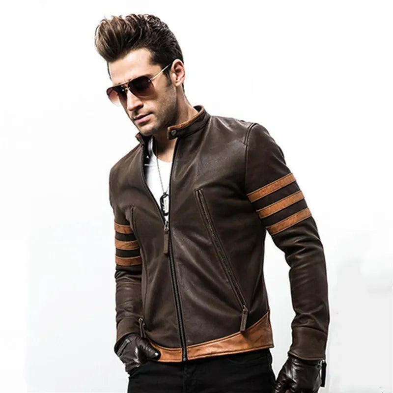 High-end brand men's zipper leather jacket Wolverine casual PU leather