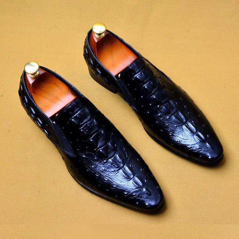 Men Genuine Leather Crocodile Embossed Pattern Slip Ons