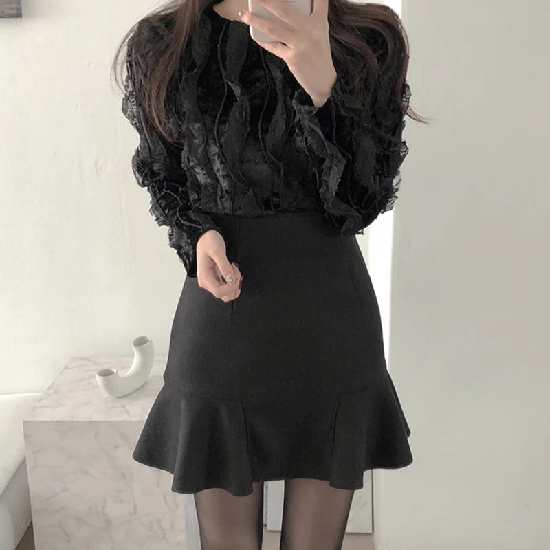 Women Spring Autumn Ruffles Slender A- line Mini Skirt