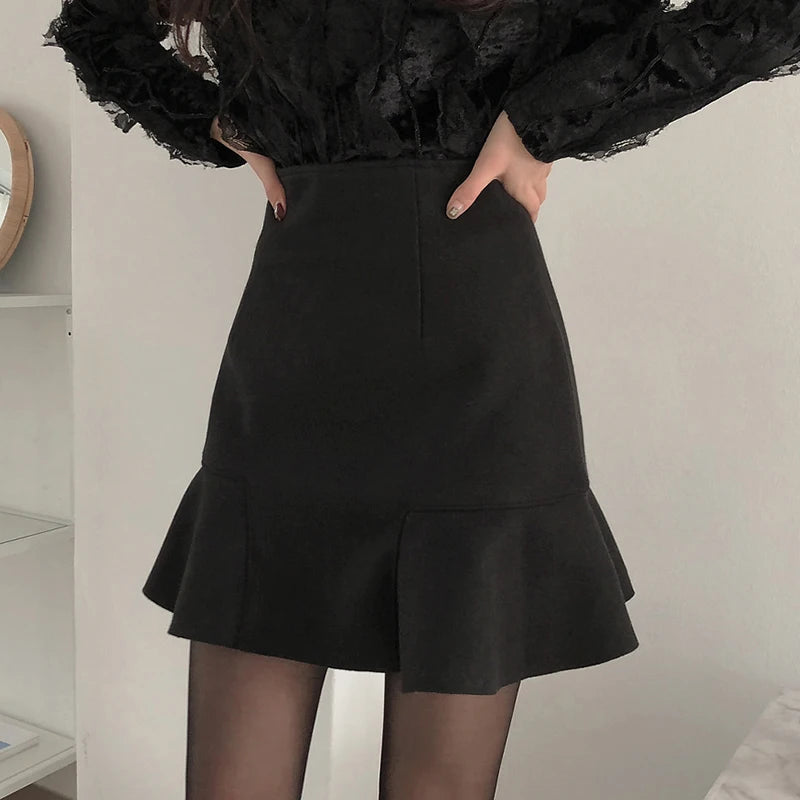 Women Spring Autumn Ruffles Slender A- line Mini Skirt