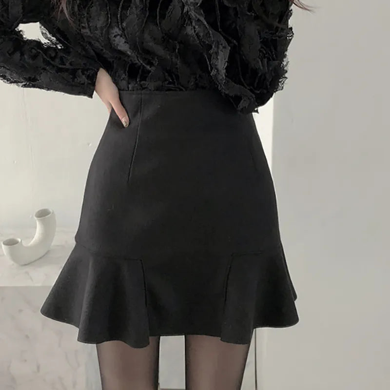 Women Spring Autumn Ruffles Slender A- line Mini Skirt