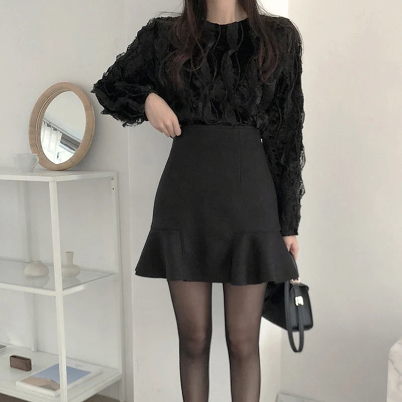 Women Spring Autumn Ruffles Slender A- line Mini Skirt