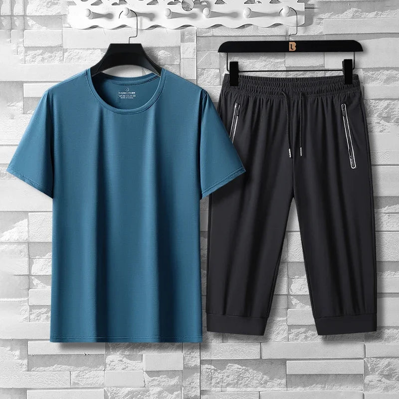 Summer High-quality Ice Silk 7-point Casual long short Pants Set For Men