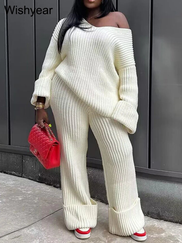 Sexy V Neck Off Shoulder Knitted Sweatshirt Top Wide Leg Pants