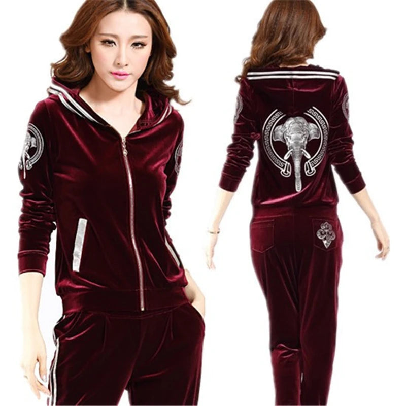 Korean Print Velvet 2 Piece Set Casual Hoodie Women Tracksuit