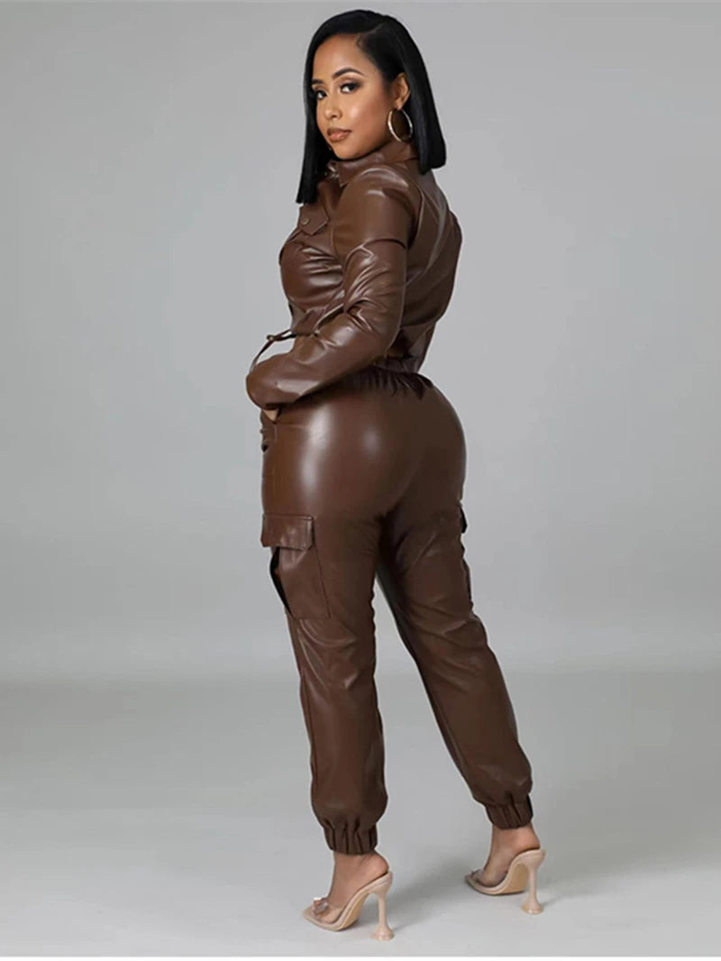 Leather Two 2 Piece Womens Crop Top and Pants Suit PU Leather