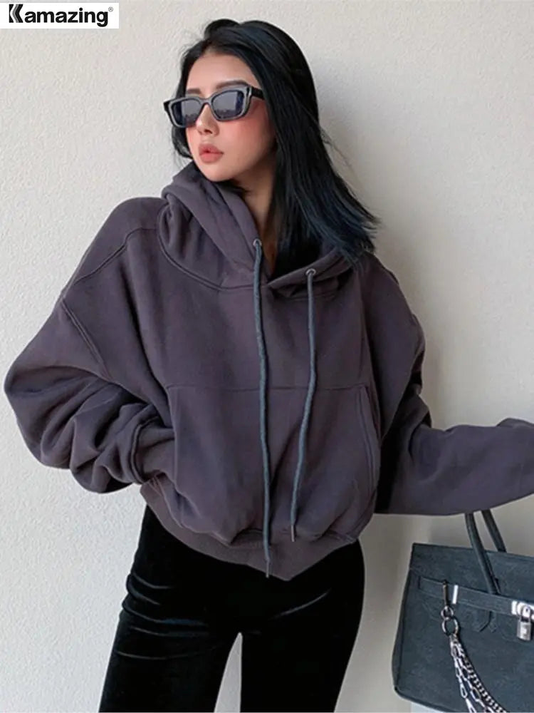 Women Solid Fleece Hoodie Top Loose Pocket Sweatshirtet Casual Pullover