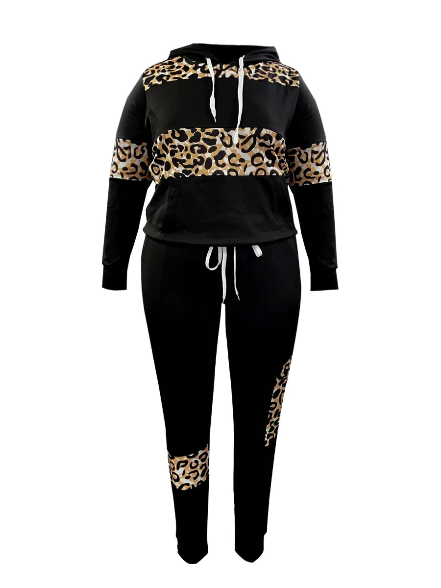 LW Plus Size Autumn  Women Long Sleeves Two Pieces Hooded Collar Leopard Print Tracksuit Set Sweatshirts Pullover Hoodies Pant