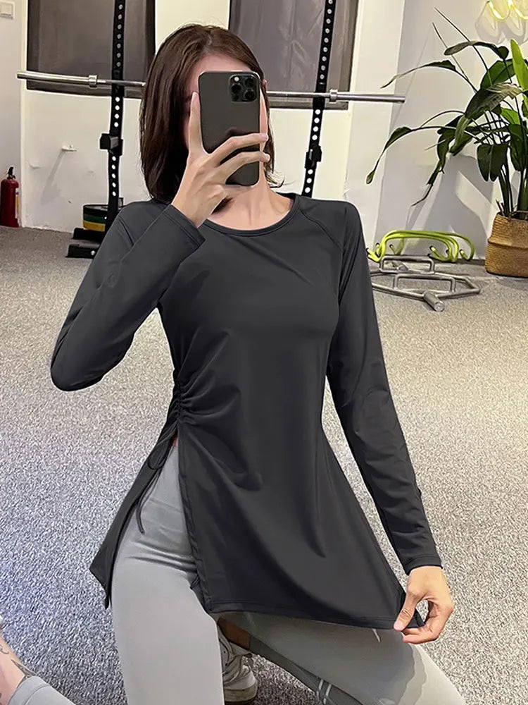 Sports Shirts Yoga Top Pleated Slit Pulovers Fitness Quick-drying