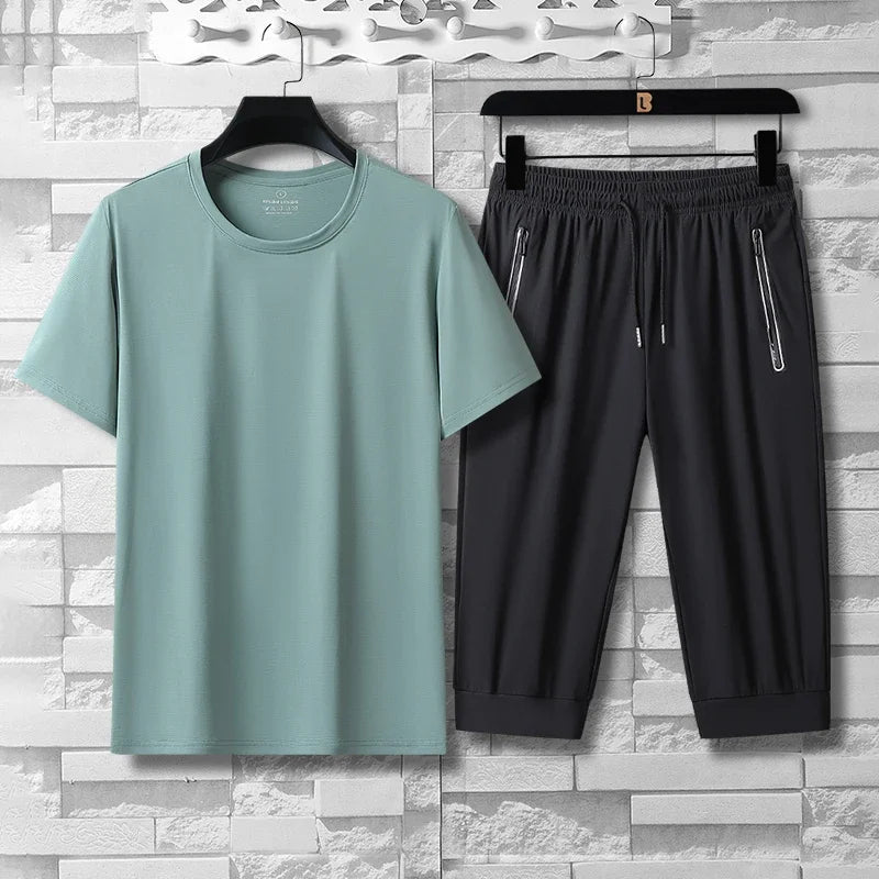 Summer High-quality Ice Silk 7-point Casual long short Pants Set For Men