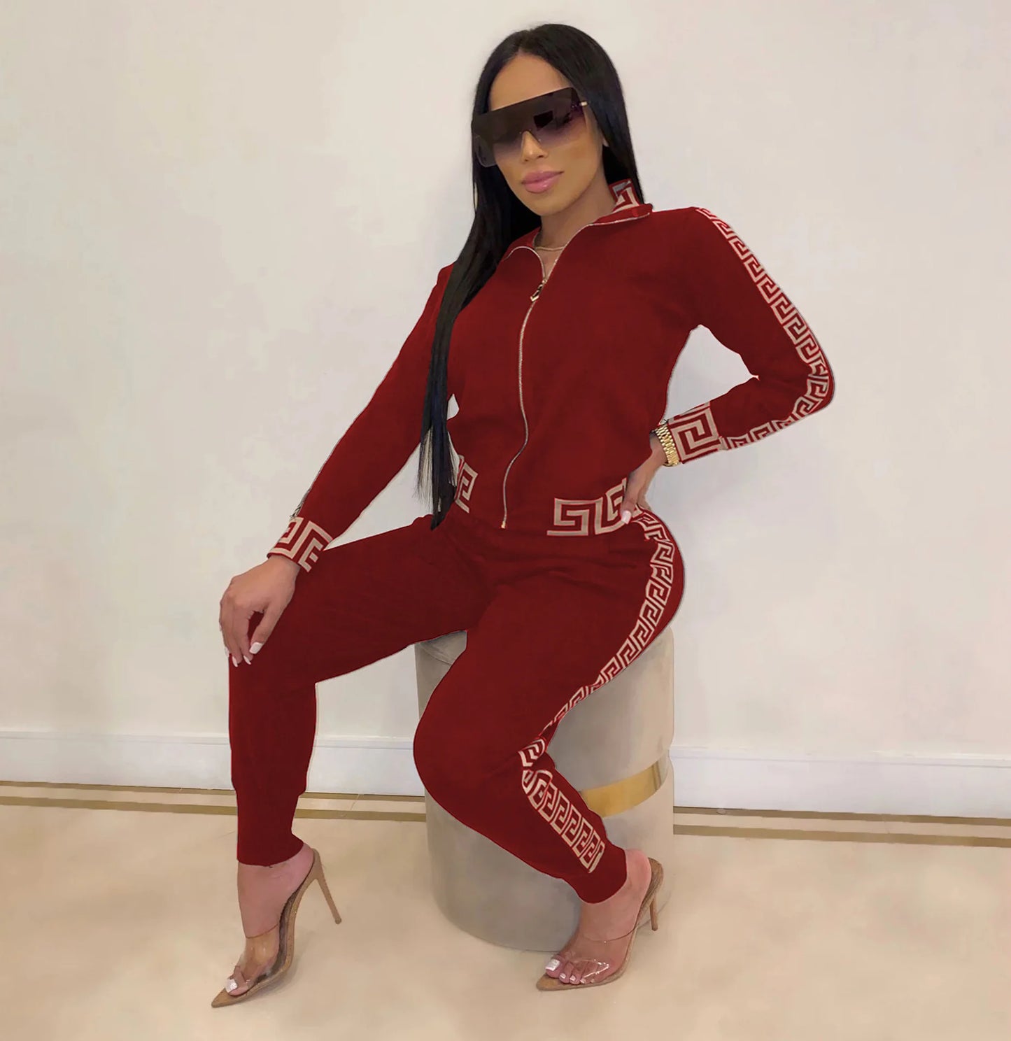 Tracksuits Women Elegant Two-Pieces Stylish Plus Size Greek Fret Print