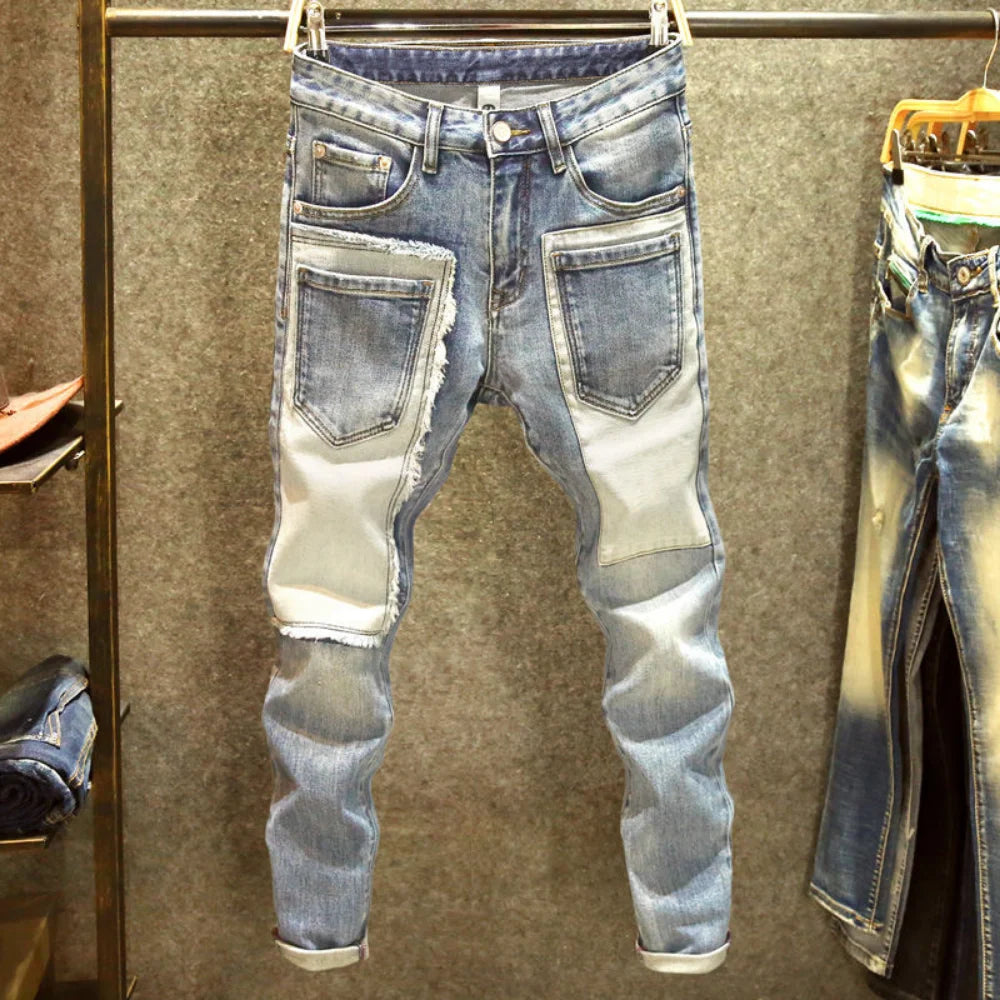 Men denim straight worn hole jeans Europe and America