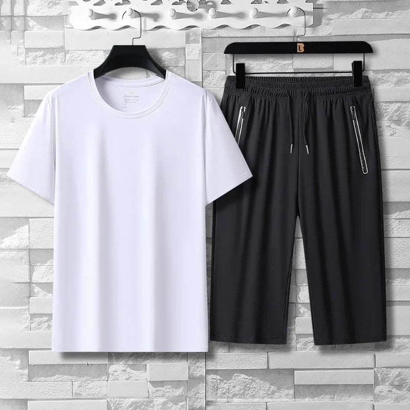 Summer High-quality Ice Silk 7-point Casual long short Pants Set For Men