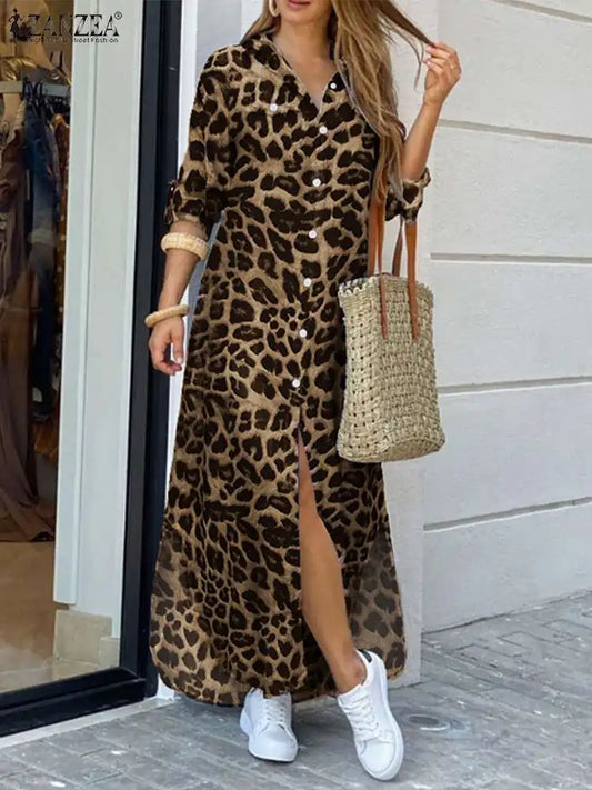 Vintage Leopard Robe Casual  Maxi Long Fashion Sundress