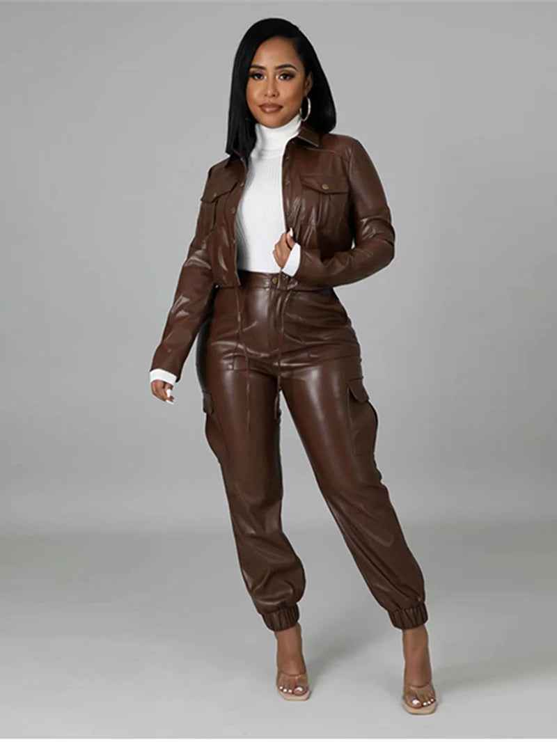 Leather Two 2 Piece Womens Crop Top and Pants Suit PU Leather