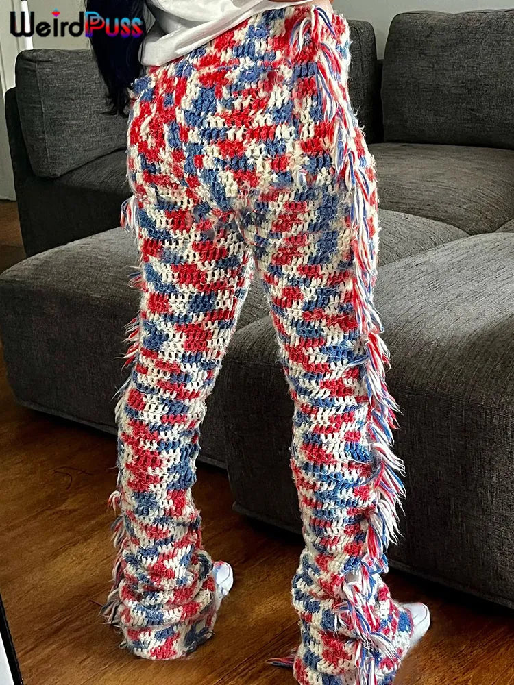 Womens Knit Colorful Plaid Pants Trendy Skinny Stretch