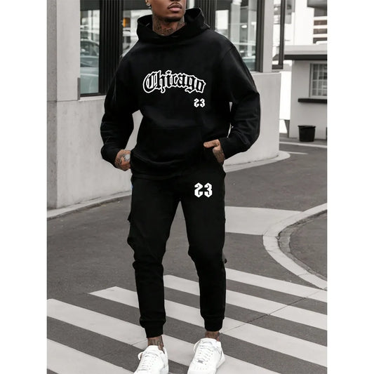 Chicago Set Fleece Hoodie Pants Men's Warm Tracksuit Sportswear