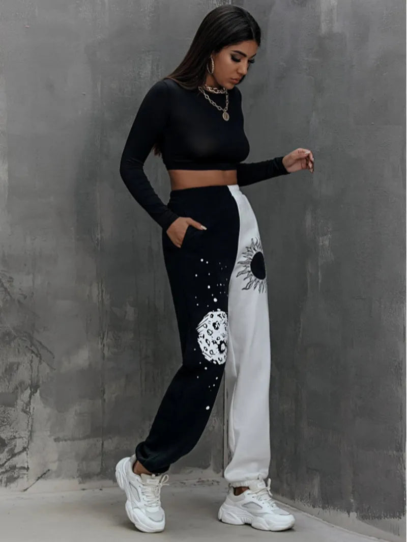 Women's Pants Harajuku Elastic Waist Side Sun Moon Graphic Print