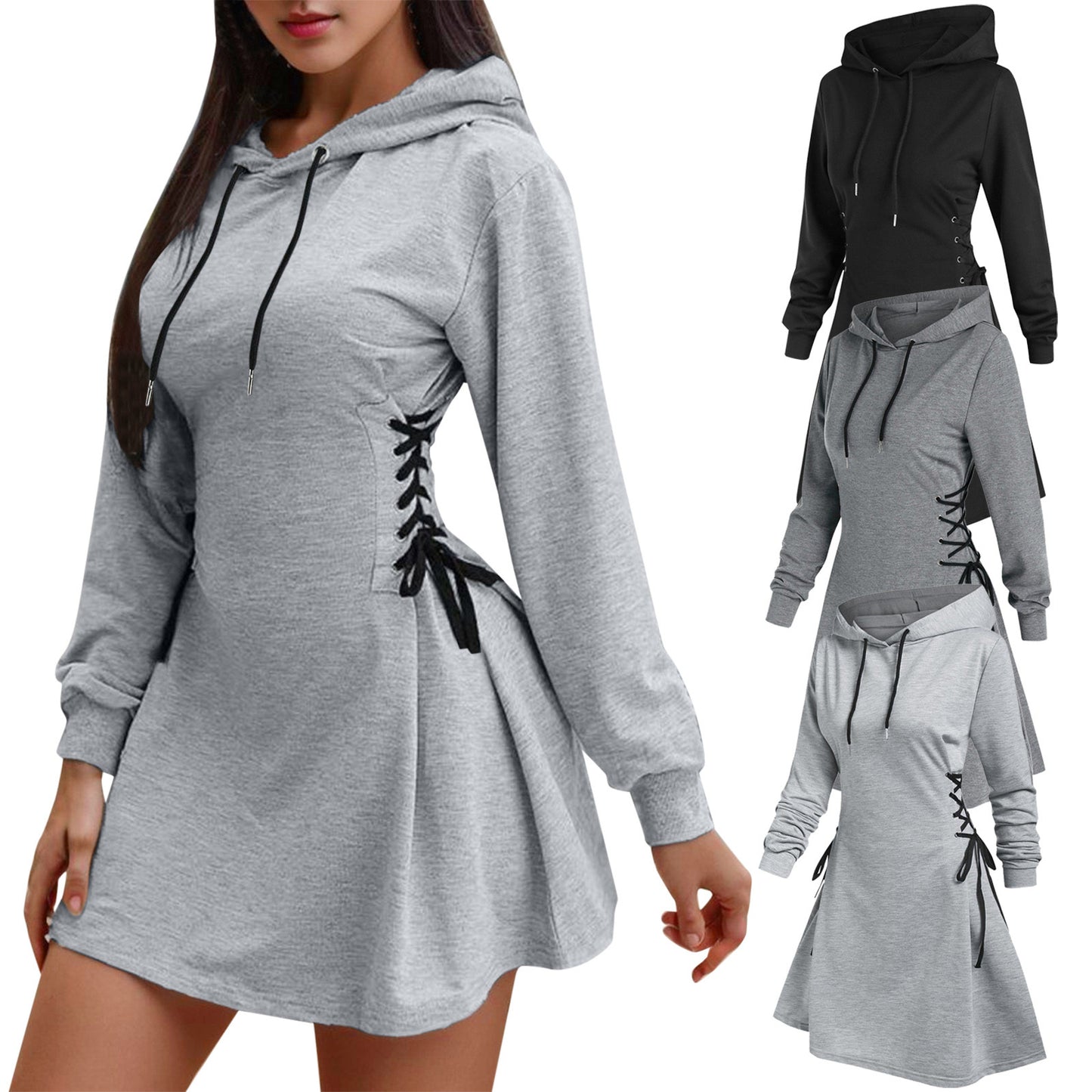 Women Drawstring Lace Up Hoodies Skirt Slim Long Sleeve Autumn