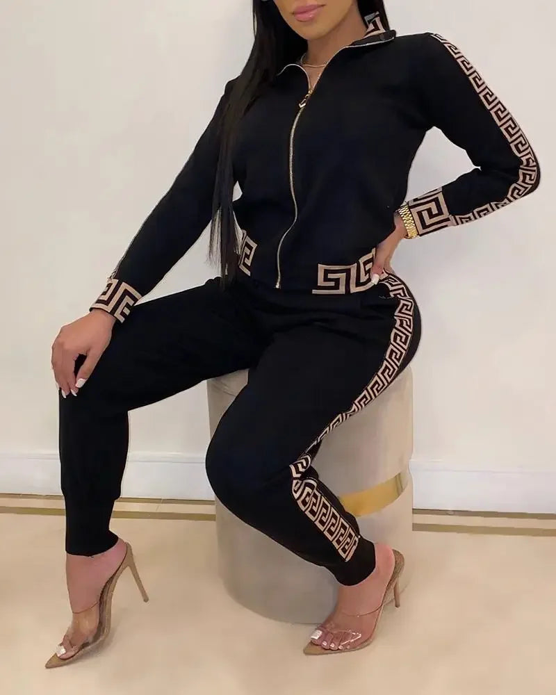 Tracksuits Women Elegant Two-Pieces Stylish Plus Size Greek Fret Print