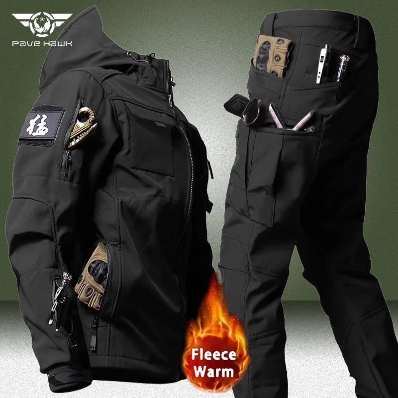 Soft Shell Two Pcs Men Waterproof Hooded Tactical Jackets+Multi-pocket Cargo Pants