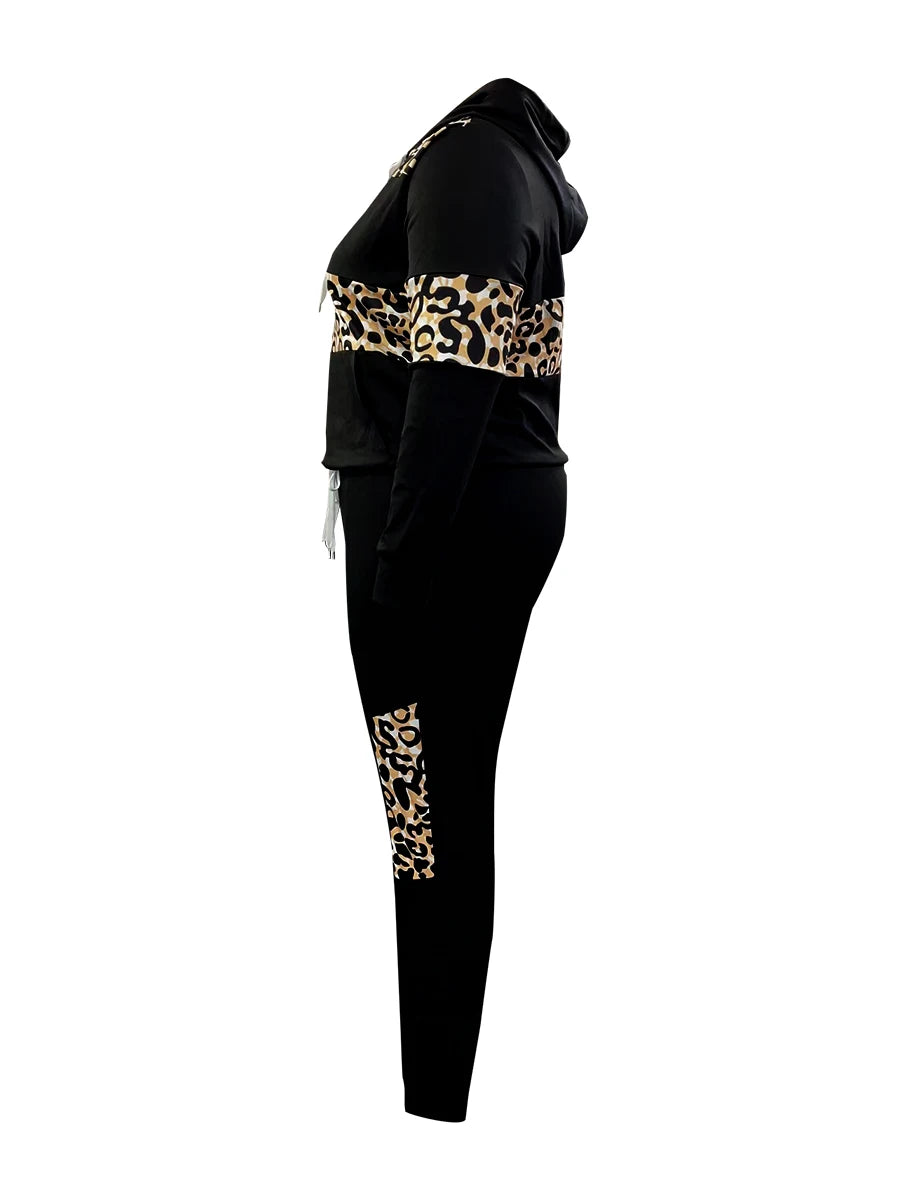 LW Plus Size Autumn  Women Long Sleeves Two Pieces Hooded Collar Leopard Print Tracksuit Set Sweatshirts Pullover Hoodies Pant