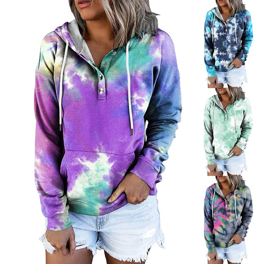 Women's Fashion Sweatshirt Button Pocket Casual tie-dye Loose Hoodies