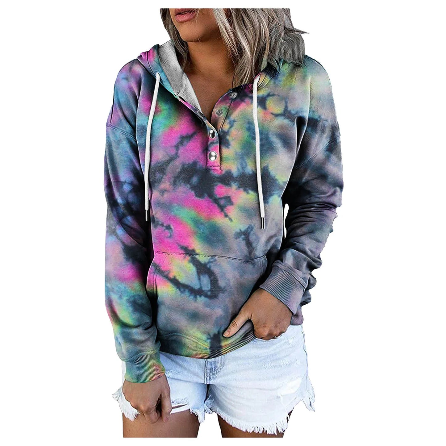 Women's Fashion Sweatshirt Button Pocket Casual tie-dye Loose Hoodies