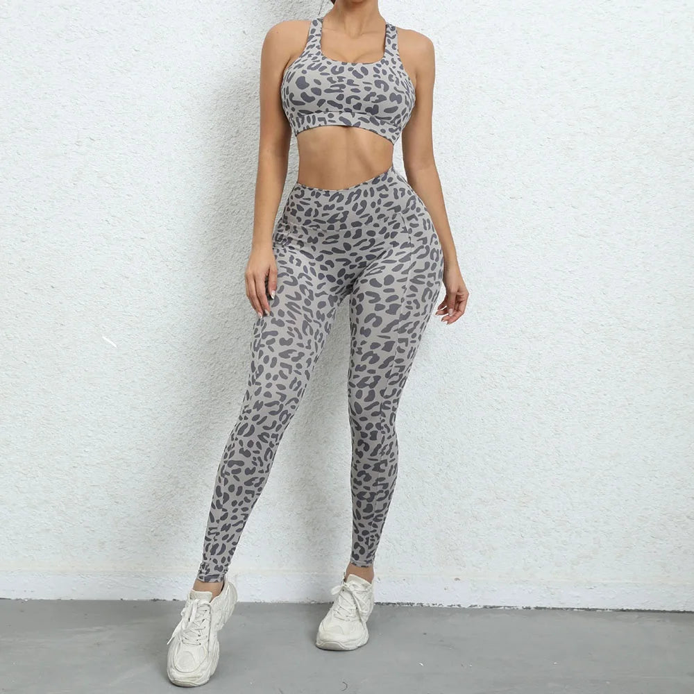 Women Leopard Yoga Set Sportswear Sexy Girl Tracksuit