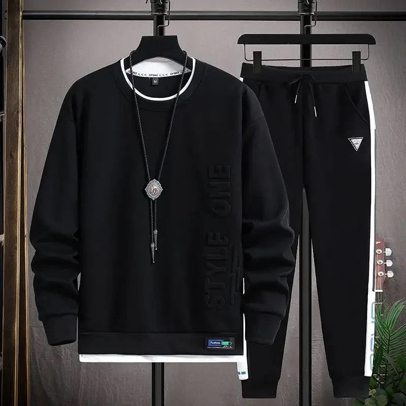 Plain Male Crew Neck Sweat Shirt and pants Style One Sets Alphabet Tracksuit