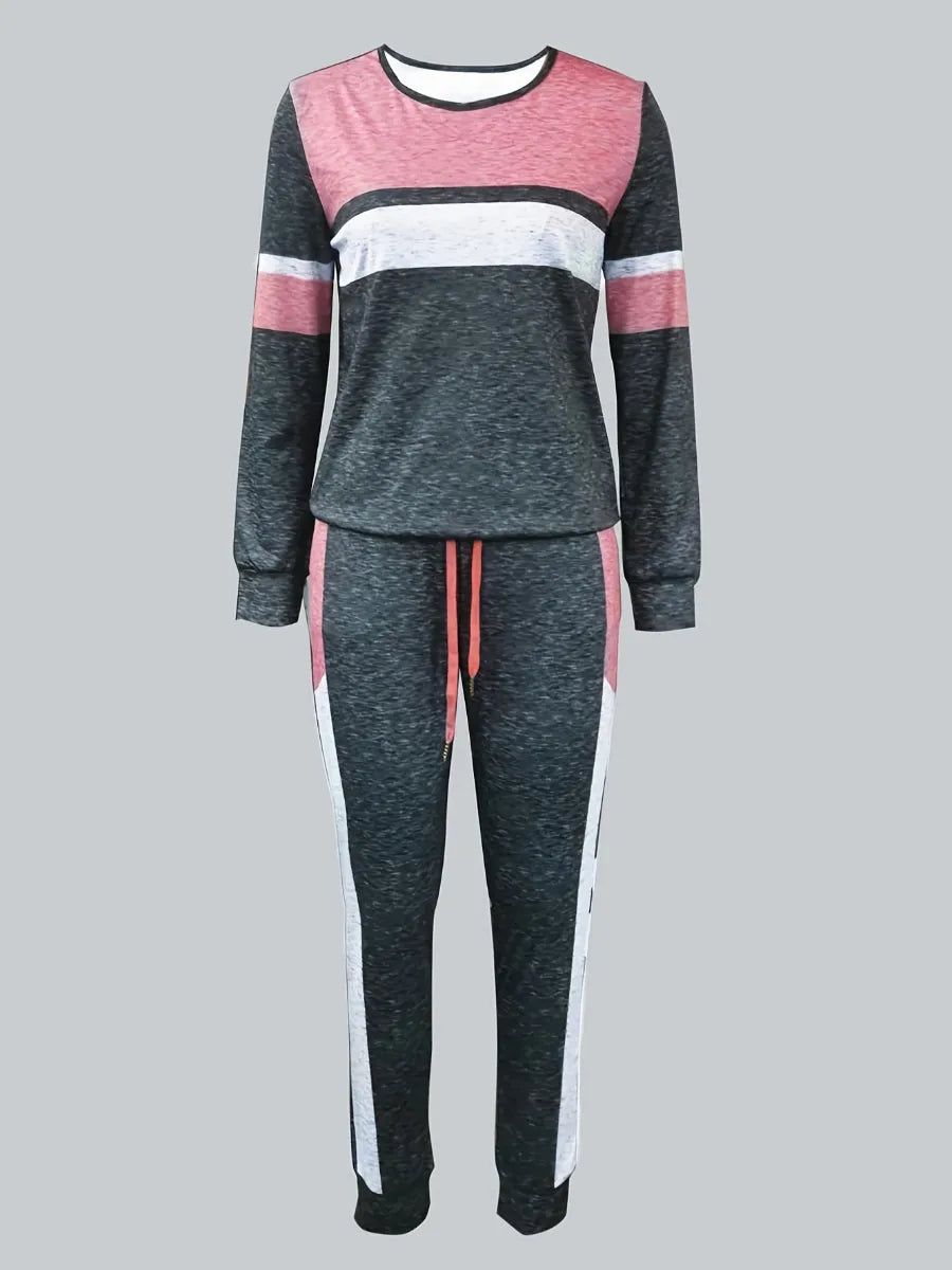 Drawstring Pants Set Women Mixed Print Round Neck Tracksuits