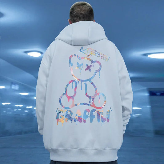 High Street Graffiti Bear Print Unisex Fleece Hoodie Retro Casual Pullover