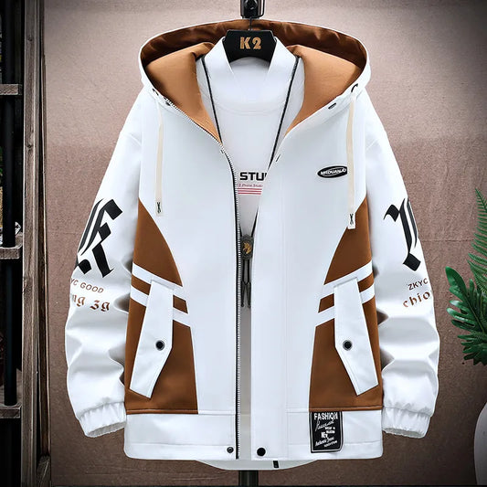 Men's Casual Hooded Jackets Patchwork Windbreaker Streetwear Plus Size