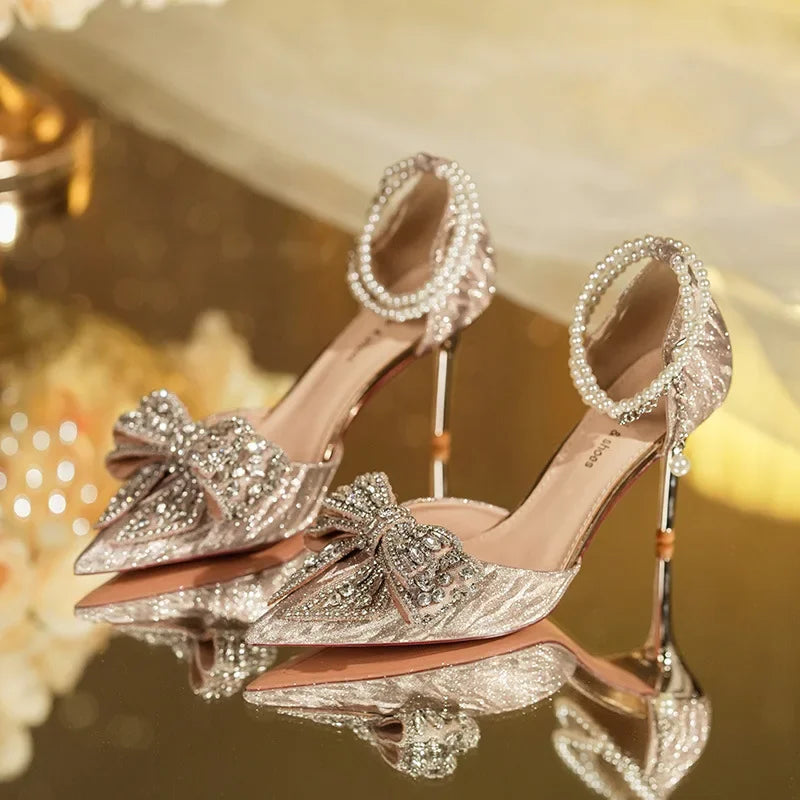 Luxury Women's High Heel Sandals Rhinestone Butterfly Pearl Champagne Party Stelettoes