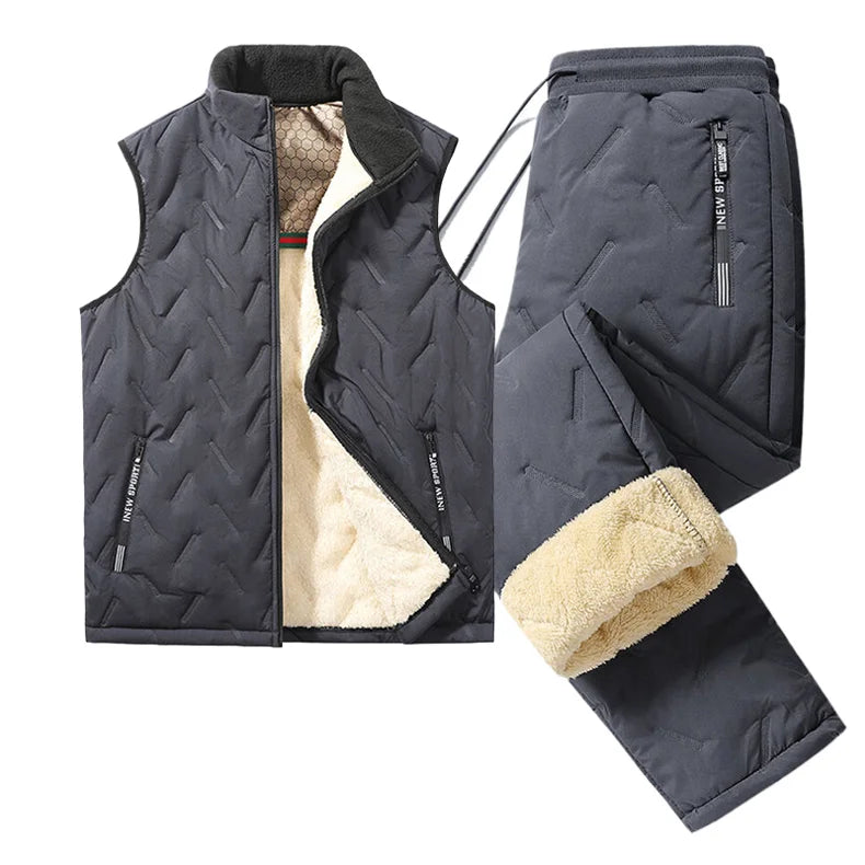 2024 Winter Fleece Lamb Wool Men's Tracksuit 3 Piece Set Warm Vest Jacket Pants