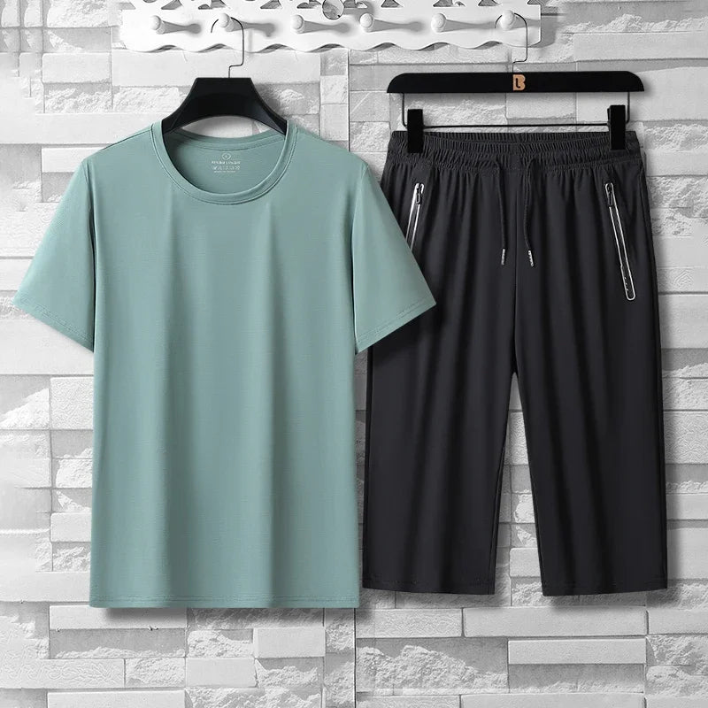 Summer High-quality Ice Silk 7-point Casual long short Pants Set For Men