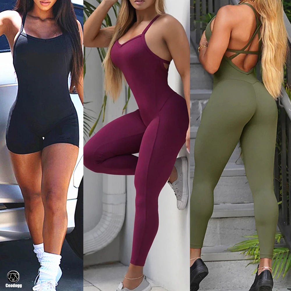 Womens Backless Fitness Overalls One Piece Jumpsuit Shorts or leggings