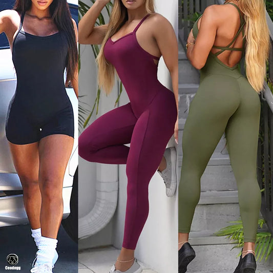 Backless Sports Woman Lycra Fitness Overalls One Piece Jumpsuit Shorts