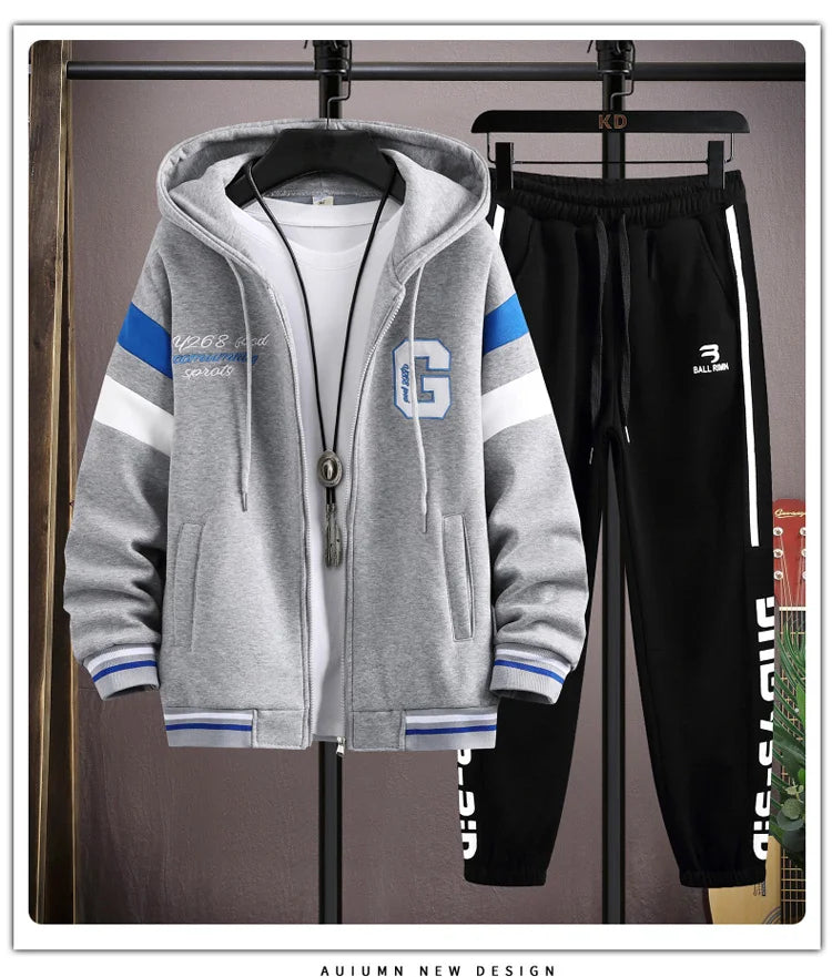 Men's Outdoor Sports 2 Pieces Tracksuit Hooded Sportswear with bold Print