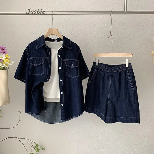 Retro Lapel Denim 2 Pieces Outfit Loose Shirt High Waist Wide-leg Casual Shorts