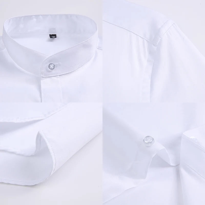 Long Sleeve Formal Men Shirt 100% Cotton Stand Collar Slim Fit