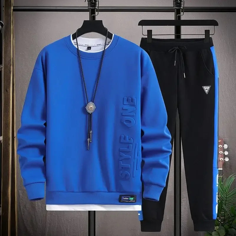 Plain Male Crew Neck Sweat Shirt and pants Style One Sets Alphabet Tracksuit