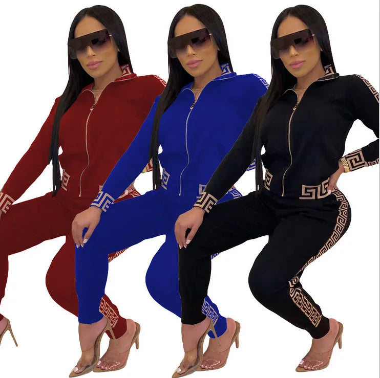 Tracksuits Women Elegant Two-Pieces Stylish Plus Size Greek Fret Print